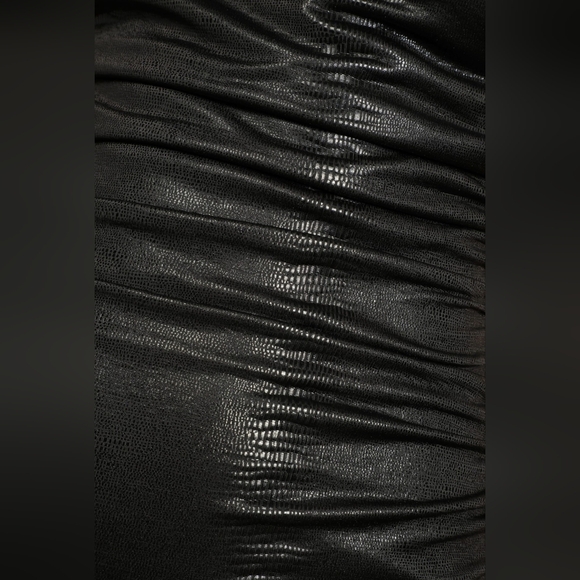 Lulus Faux Leather One-Shoulder Ruched Asymmetrical Midi Dress - Picture 6 of 12